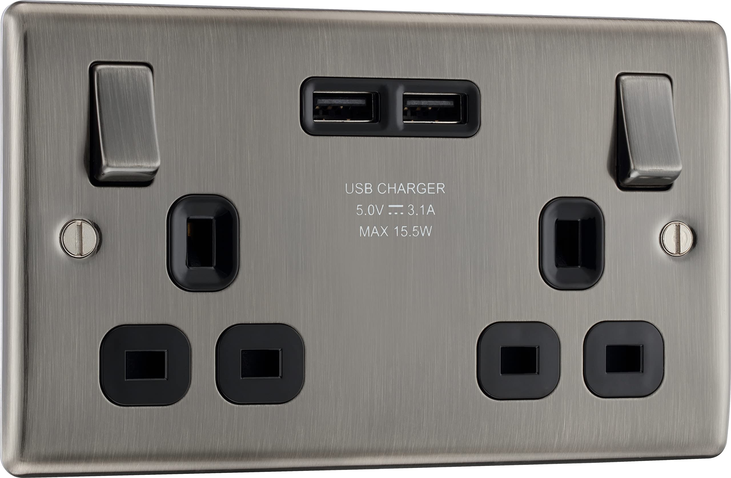 BG Electrical Double Switched Power Socket with Two USB Charging Ports, 13 Amp, Brushed Iridium Black