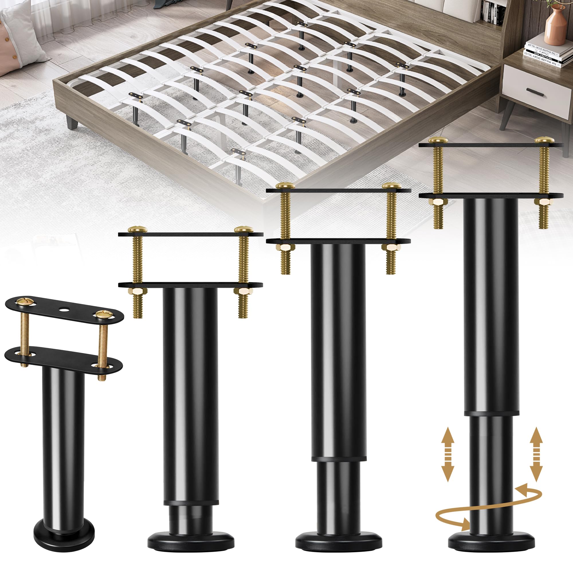 Photo 1 of 4 Pack Adjustable Height Center Support Leg for Bed Frame, Upgrade Under Bed Support Leg with Wider Base, Bed Support Legs for Wood Slats, Bed Frame Legs Replacement, Patas para Cama Queen De Madera