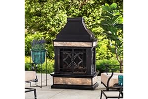 Sunjoy Outdoor Fireplace, Heirloom Patio Wood Burning Steel Fireplace with Chimney, Spark Screen, Fire Poker, and Removable Grate, Black