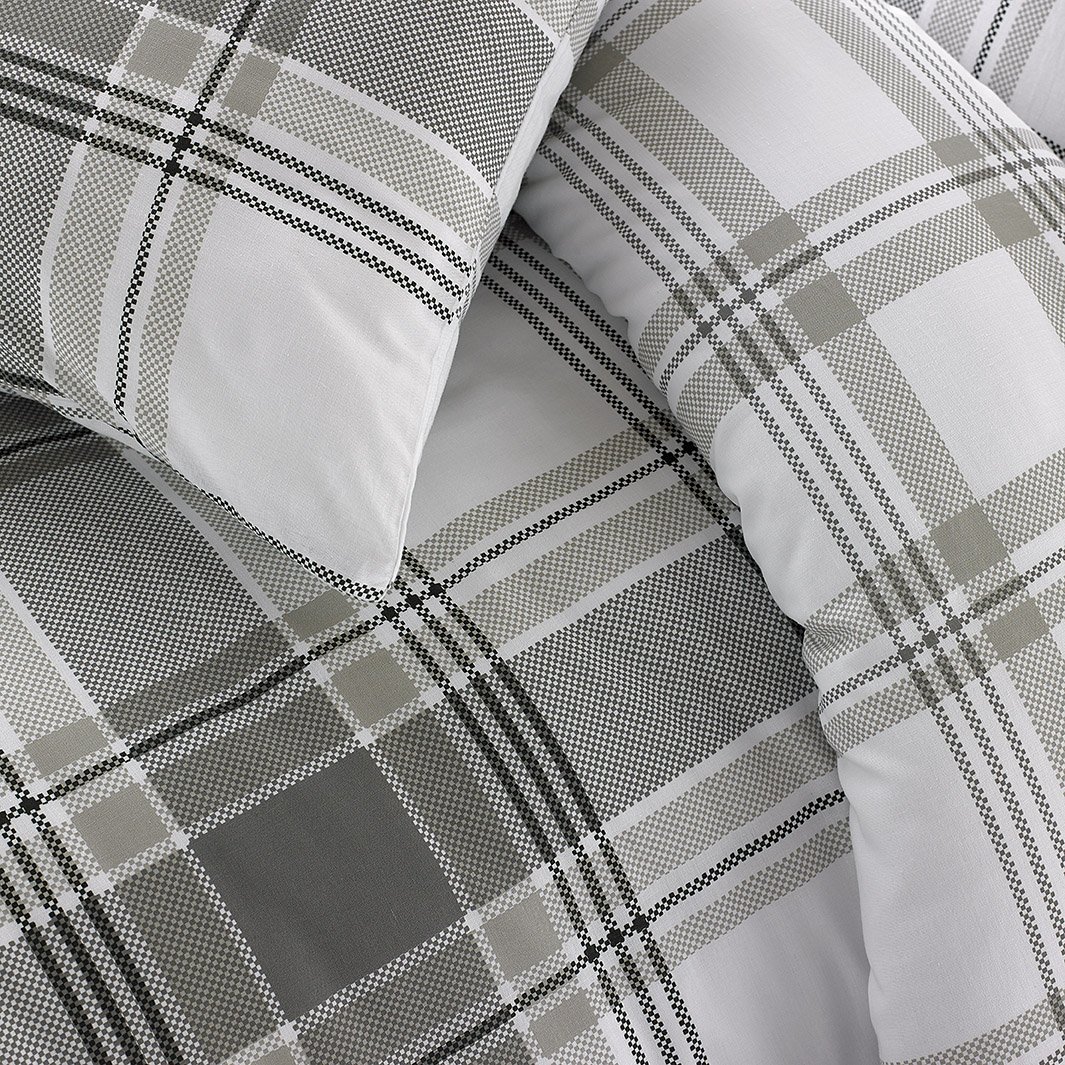 Sleepdown Check Grey Striped Reversible Soft Duvet Cover Quilt Bedding Set With Pillowcases - King (220cm x 230cm)