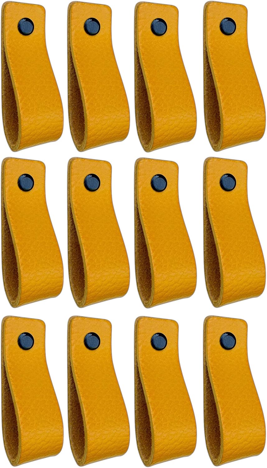 Brute Strength, Leather Handles for Furniture, Ochre Yellow, 12 pcs, 16,5 x 2,5 cm, Cabinet Handle