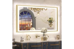 TETOTE 60x36 LED Bathroom Mirror with Lights Gold Frame Frontlit & Backlit Lighted Vanity Mirror Baroque Anti Fog Dimmable White/Warm/Natural,CRI90+,Waterproof,Wall Mounted(Horizontal/Vertical)