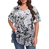 LARACE Plus Size Tops for Women Ruffle Sleeve T Shirt Summer Clothes Short Sleeve V Neck Tunic