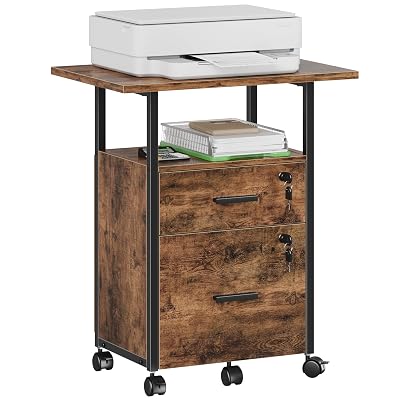 GYIIYUO 2 Wood Drawer Lockable File Cabinet with 22'' Extended Desktop, Mobile Filing Cabinet with Side Bag, Rolling Printer Stand, Fits A4&Letter Size, Home Office, Rustic Brown