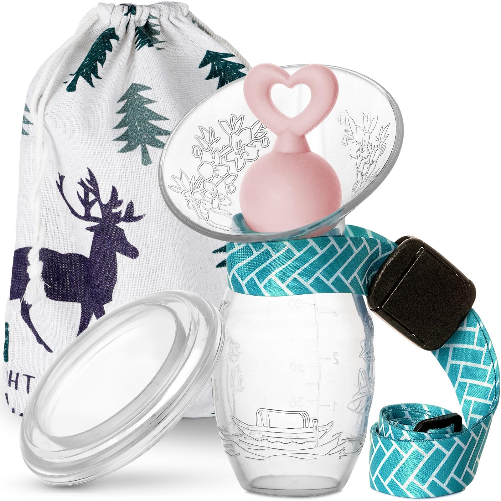 BumbleBee Manual Breast Pump, Hands-Free Silicone Milk Collector for Breastfeeding Moms with Neck Strap, Cap and Storage Bag, Kick-Proof, 3oz/90ml, Pink Stopper