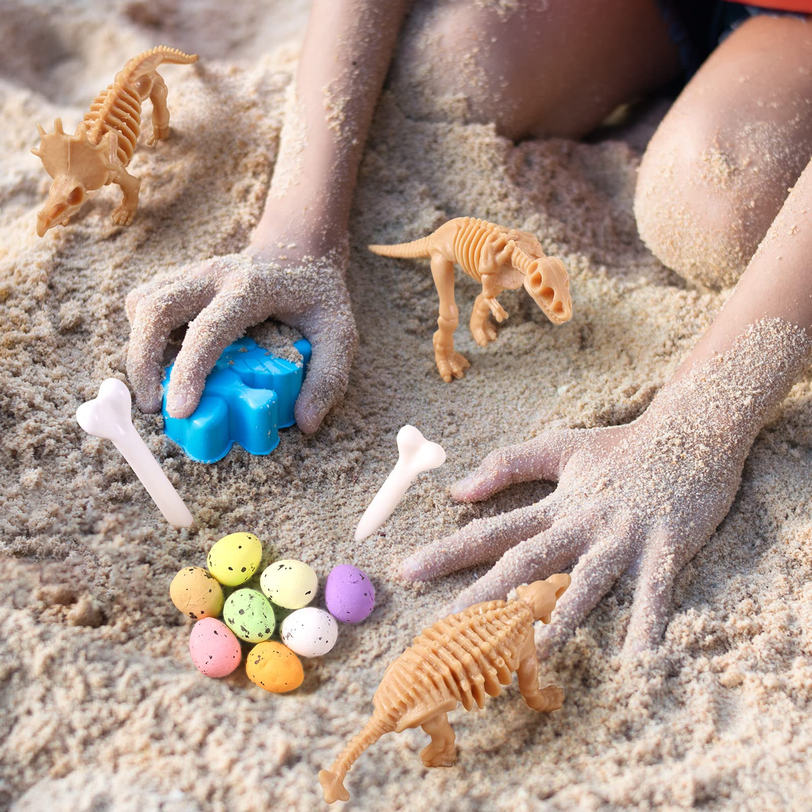 24 Pcs Dinosaur Fossil Skeleton Dino Bones Sand Dig Colorful Foam Dinosaur Eggs and 4 White Plastic Bones Toys for Kids Science Play Dino Sand Halloween Party Decor Supplies(Light Brown)