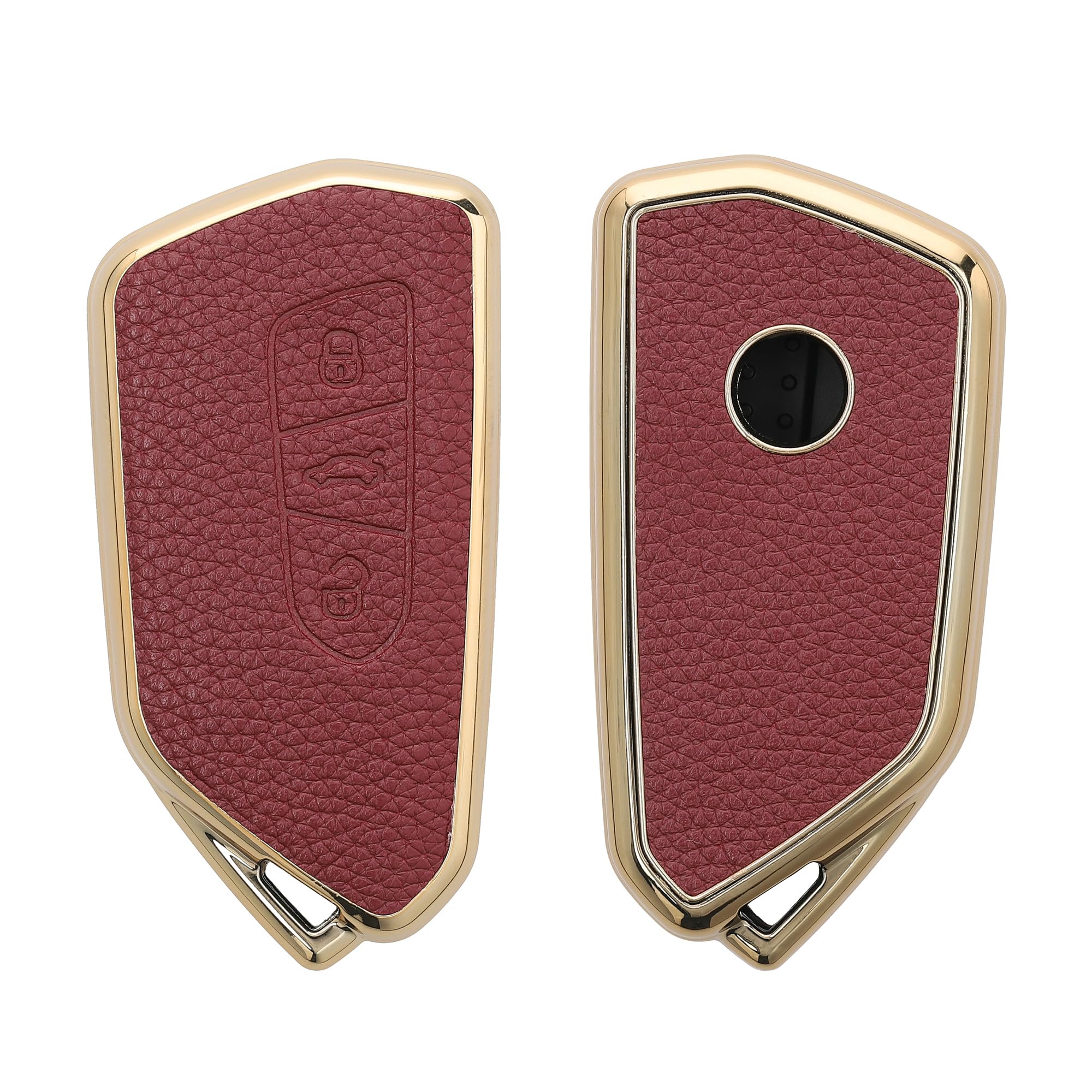 kwmobile Key Case Compatible with VW Golf 8 3 Button Car Key Cover - TPU and PU Leather Car Fob Cover - Bordeaux/Gold