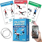Pilates Bar Kit Workout Cards – 62 Exercise Cards Deck with Videos & Workout Plan - Includes 8-Week Challenge, Chart & 2 Rings for Easy Organization - Home Exercise Bar Guide for Women & Men