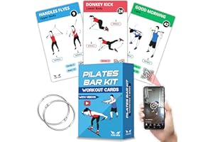 FLOW DARE Pilates Bar Kit Workout Cards – 62 Exercise Cards Deck with Videos & Workout Plan - Includes 8-Week Challenge, Chart & 2 Rings for Easy Organization - Home Exercise Bar Guide for Women & Men