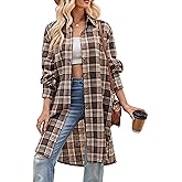 Bozanly Oversized Mid Long Plaid Flannel Shirts for Women Lapel Long Sleeve Check Blouse with Pockets
