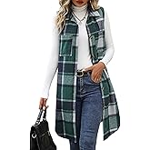 ZILIN Long Flannel Plaid Vest for Women Button Down Sleeveless Shacket Shirt Jacket with Pockets