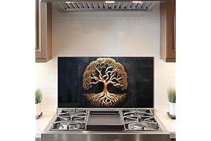 DAIFURONGE Tempered Glass Backsplash for Kitchen, Tree of Life Art Stove Backsplash Protector - Easy to Clean Wall Decor (Art Deco 1, 30"x16"(76.2x40.64cm))