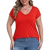Gocolloa Plus Size Tops for Women Cap Sleeve V Neck Basic T Shirts Summer Casual Loose Dressy Tunic