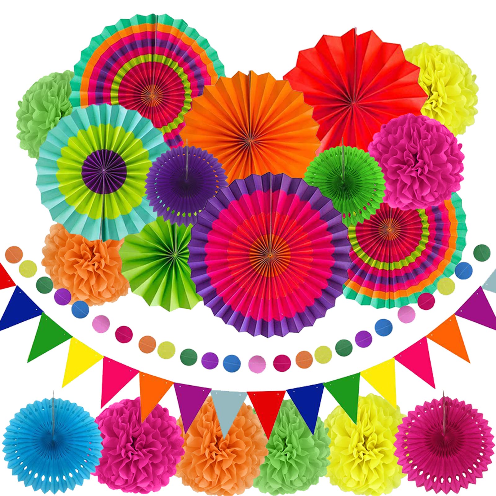 Darbermu 21Pcs Multi-Colored Party Decorations Set, Hanging Paper Fans, Pom Poms Flowers and Triangle Bunting Flags for Birthday Party, Wedding Decorations, Baby Showers Decoration