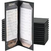 AMGSH 12 Pack 2 View Menu Holder Menu Covers 4.25" x 11" | Black Leather Menu Sleeves Book Style for Restaurant Coffee Bars Wine List