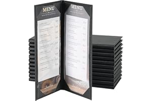 AMGSH 12 Pack 2 View Menu Holder Menu Covers 4.25" x 11" | Black Leather Menu Sleeves Book Style for Restaurant Coffee Bars Wine List