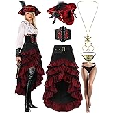 Fourluoo 7 Pcs Renaissance Medieval Costume Women with Rose Renaissance Hat Corset Women Fairy Dress Fishnet Stocking Eye Patch Earrings Necklace Costume Accessories for Halloween Cruise Night Cosplay