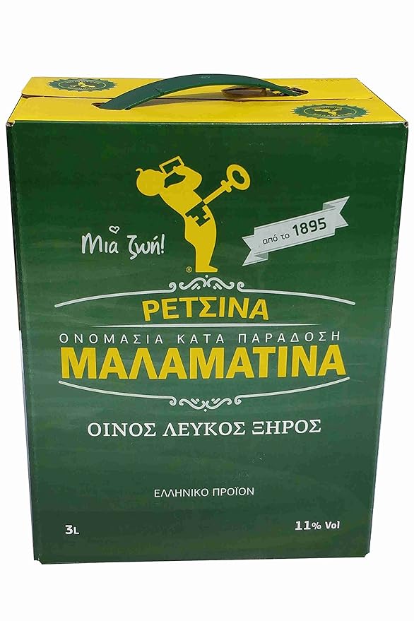 Retsina Malamatina 3 Liter Bag in Box mit Zapfhahn geharzter Weißwein aus Griechenland . griechischer traditioneller Weiß Wei