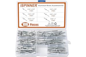 ISPINNER 100pcs 6 Sizes Aluminum Blind Rivets, Pop Rivets Assortment Kit 3/16" x (5/16" 3/8" 1/2" 5/8" 3/4" 1")(Silver)
