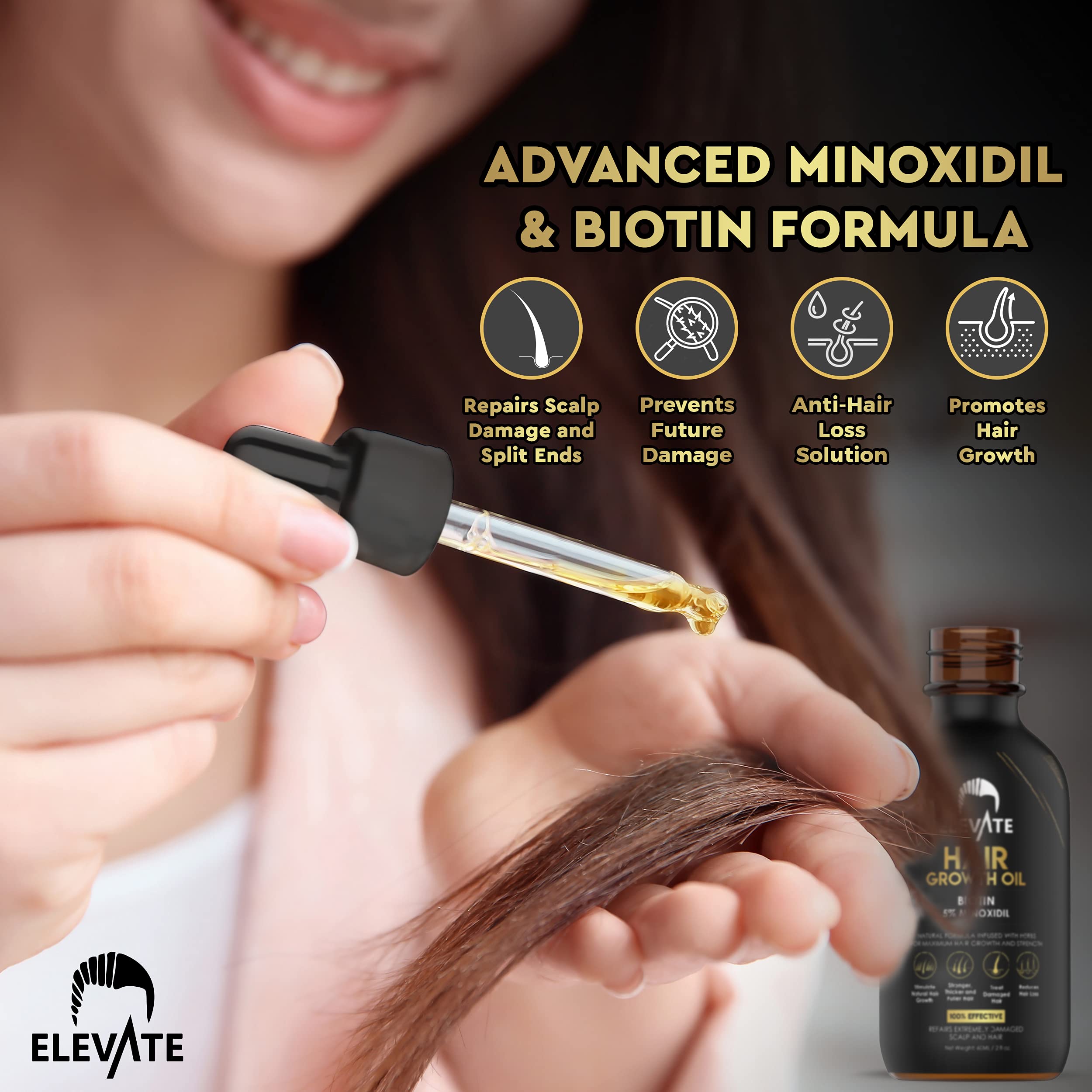Elevate Hair Regrowth Treatment 5% Minoxidil Serum - Biotin Infused Growth Oil for Men & Women - Stop Thinning & Shedding - Restore Follicle Strength & Density for Fuller, Stronger, Healthier Hair 1oz