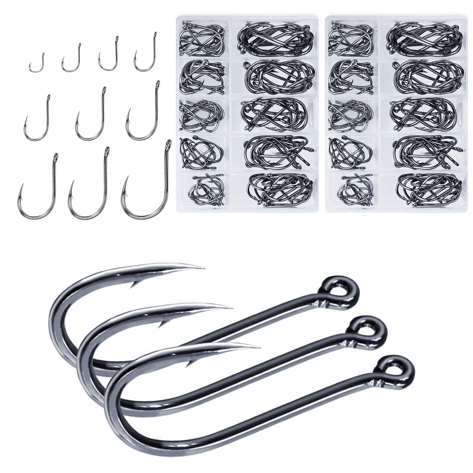 DHER Fishing Hooks Fishing Accessories Set Fishing Hooks with Plastic Box Fishing Hooks Different Sizes Barbed with Holes Carbon Steel Material Fishing Leisure Outdoor Entertainment Silver Pack of 200