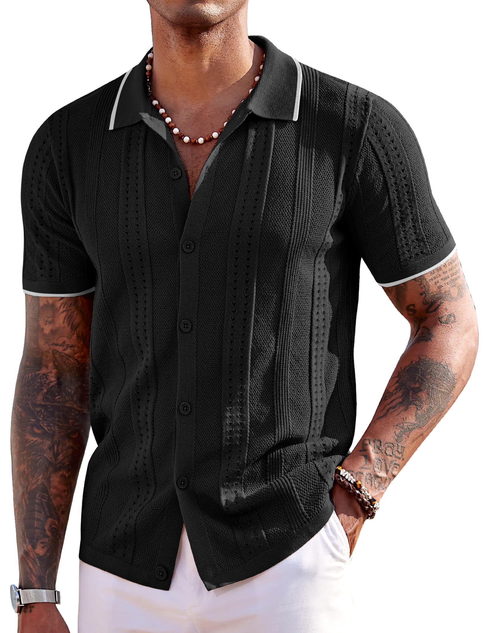COOFANDY Men's Knit Shirts Short Sleeve Button Down Polo Shirt Fashion Casual Summer Beach Shirts Image