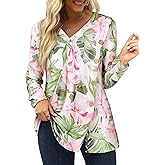 Womens V Neck Hawaiian Shirt Fall Vintage Floral Tropical Printed Tunic Top Long Sleeve Buttons Side Shirts
