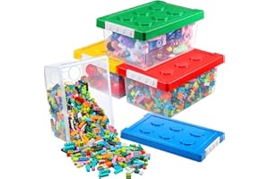 Vicenpal 4 Pack Toy Storage Containers with Lids Brick Shaped Kids Toy Organizer Box Plastic Clear Stackable Bin Chest for Building Block Dolls(Small,Red, Yellow, Blue, Green)
