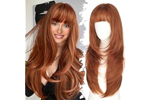 Eawwii Long Ginger Wig with Bangs for Women,4x4 Realistic Scalp, Free Parting,Layered Hairstyle Synthetic Heat Resistant for Daily Party Use 26 inch