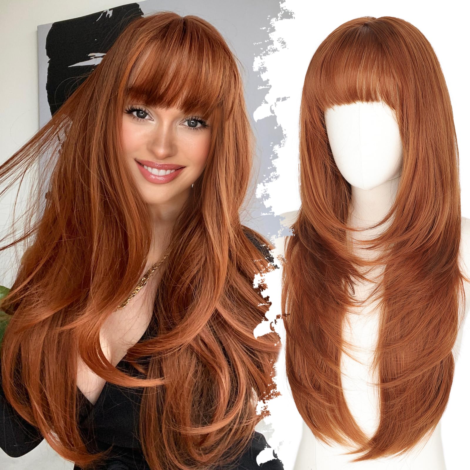 Photo 1 of Eawwii Long Ginger Wig with Bangs for Women,4x4 Realistic Scalp, Free Parting,Layered Hairstyle Synthetic Heat Resistant for Daily Party Use 26 inch