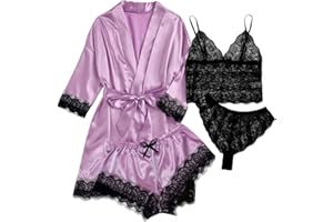 Gamivast Sexy Lingerie for Women 2023 Naughty Silk Pajama Set Robe Floral Lace Nightgowns Satin Pj Set Multi Piece Pajama Set