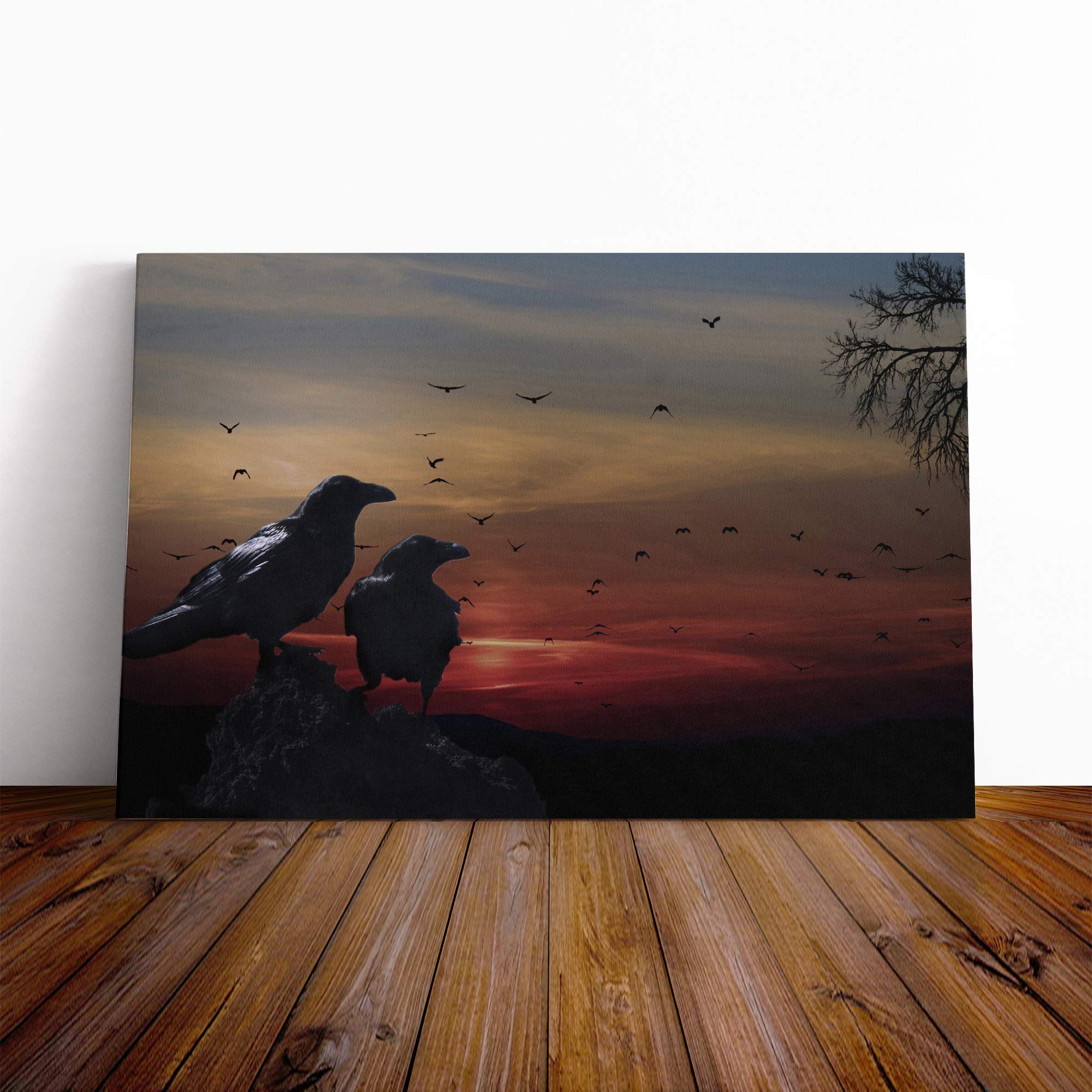 Crows Sunset Canvas Print | Gallery Wrapped 30mm Frame Wall Art | 20x14 inches | Ready to Hang | Modern Landscape Picture | Living Room Bedroom Lounge Office