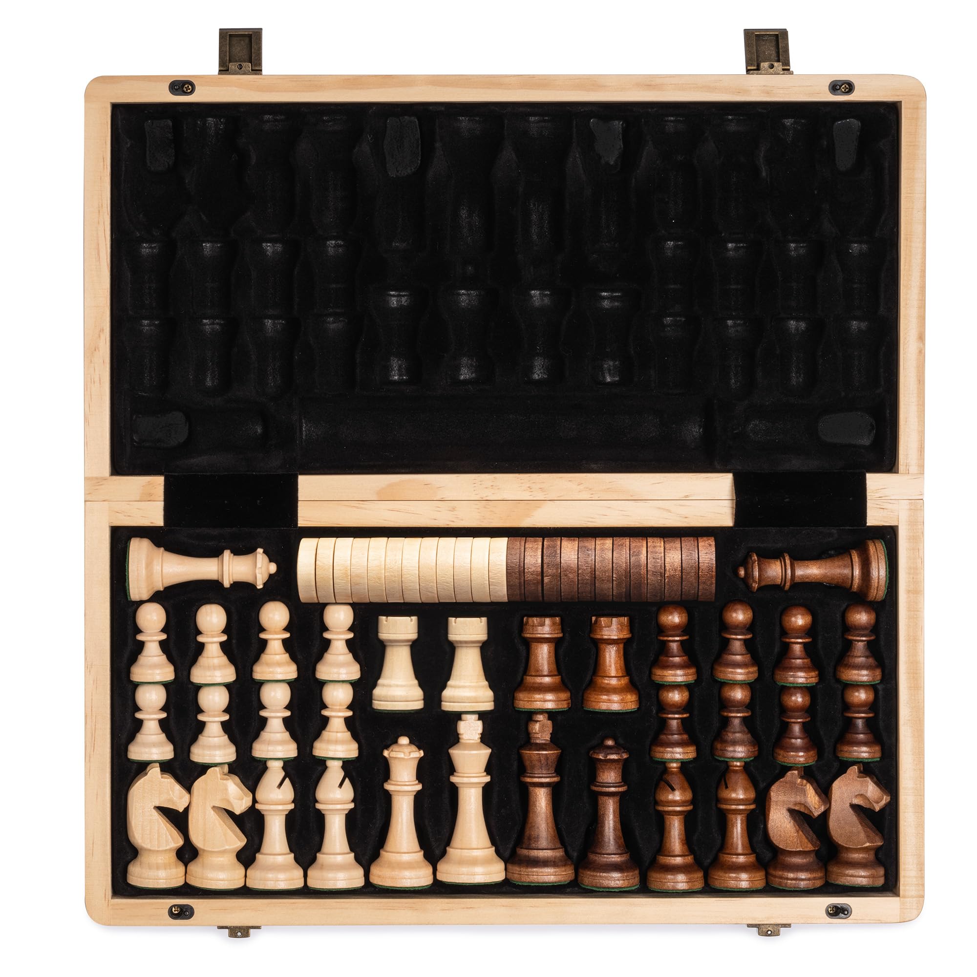A&A 15 inch Wooden Folding Chess & Checkers Set w/ 3 Inch King Height Staunton Chess Pieces / 2 Extra Queens… — image 1