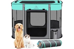 ROMANTIC BEAR Upgrade Dog Playpen,Foldable Portable Soft Dog Cat Playpens,Waterproof Portable Kennel Tent Crate,Removable Cat Tunnel,Indoor Outdoor Dog Pen Cage for Large/Medium/Small Dogs with Carrying Case,M
