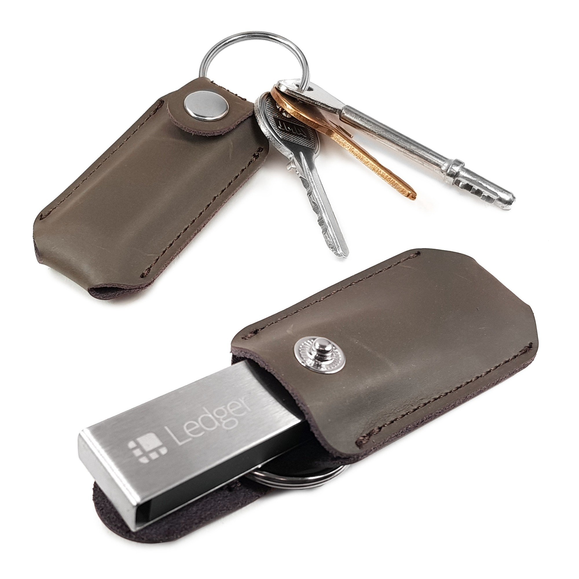 TUFF LUV Premium Faux Leather Case with Pocket Clip & Keyring for Ledger Nano S & X (Cryptocurrency Wallet) - Durable & Stylish Protection - Brown