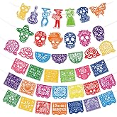 DPKOW 40Pcs Day of The Dead Papel Picado Banner Dia de los Muertos Decor | Felt Papel Picado Garland Day of The Dead Decor Mexican Party Banner Sugar Skull Cinco De Mayo Ofrenda Decorations Altar
