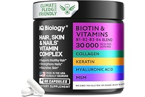 IQ BIOLOGY Biotin Collagen Keratin Neem Supplement - Hair Growth Vitamins for Women & Men - 10000mcg Biotin with Hyaluronic Acid & B Complex - Healthy Hair Loss Support - Skin and Nails Care - 60 Capsules