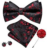 Barry.Wang Bow Ties for Men Floral Silk Pre-Tied Bowtie Pocket Square Cufflinks Set Formal Wedding Party Prom