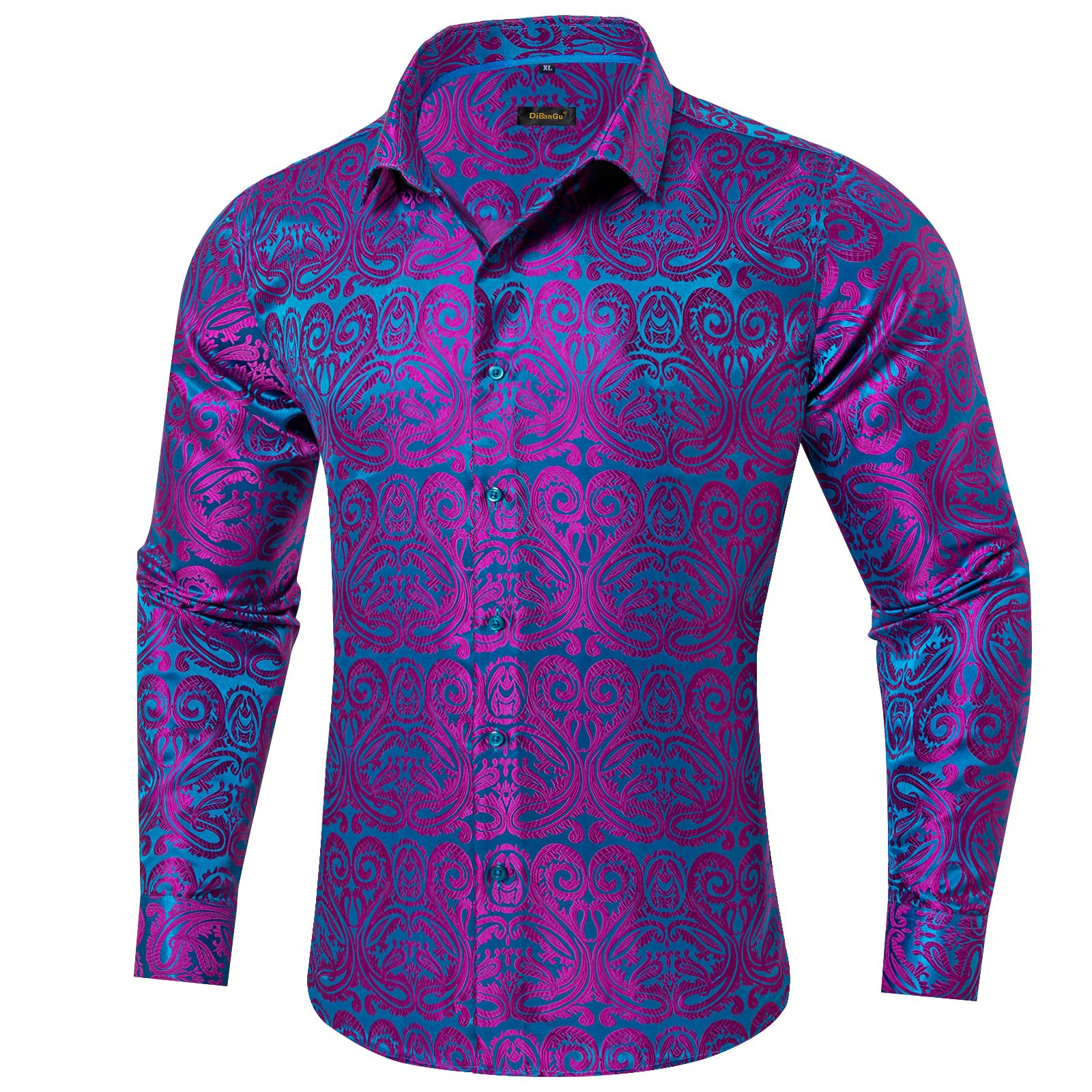 Photo 1 of DiBanGu Silk Mens Dress Shirts,Woven Paisley Long Sleeve Button Down Shirt for Men Casual Regular Fit Shirts Wedding Party, Blue and Hot Pink, XX-Large
