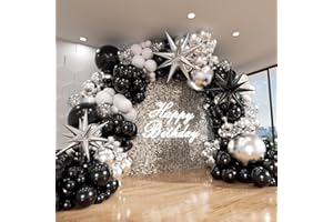 ADOINBY Black and Silver White Balloon Arch Kit, 140Pcs Explosion Star Black and Silver White Balloon 22 18 12 10 5 Inch Different Size Balloons for Birthday Anniversary New Years Party Decorations