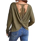 SOLY HUX Women's Long Sleeve Shirts Lace Open Back T-Shirt Casual Textured Waffle Knit Tee Tops