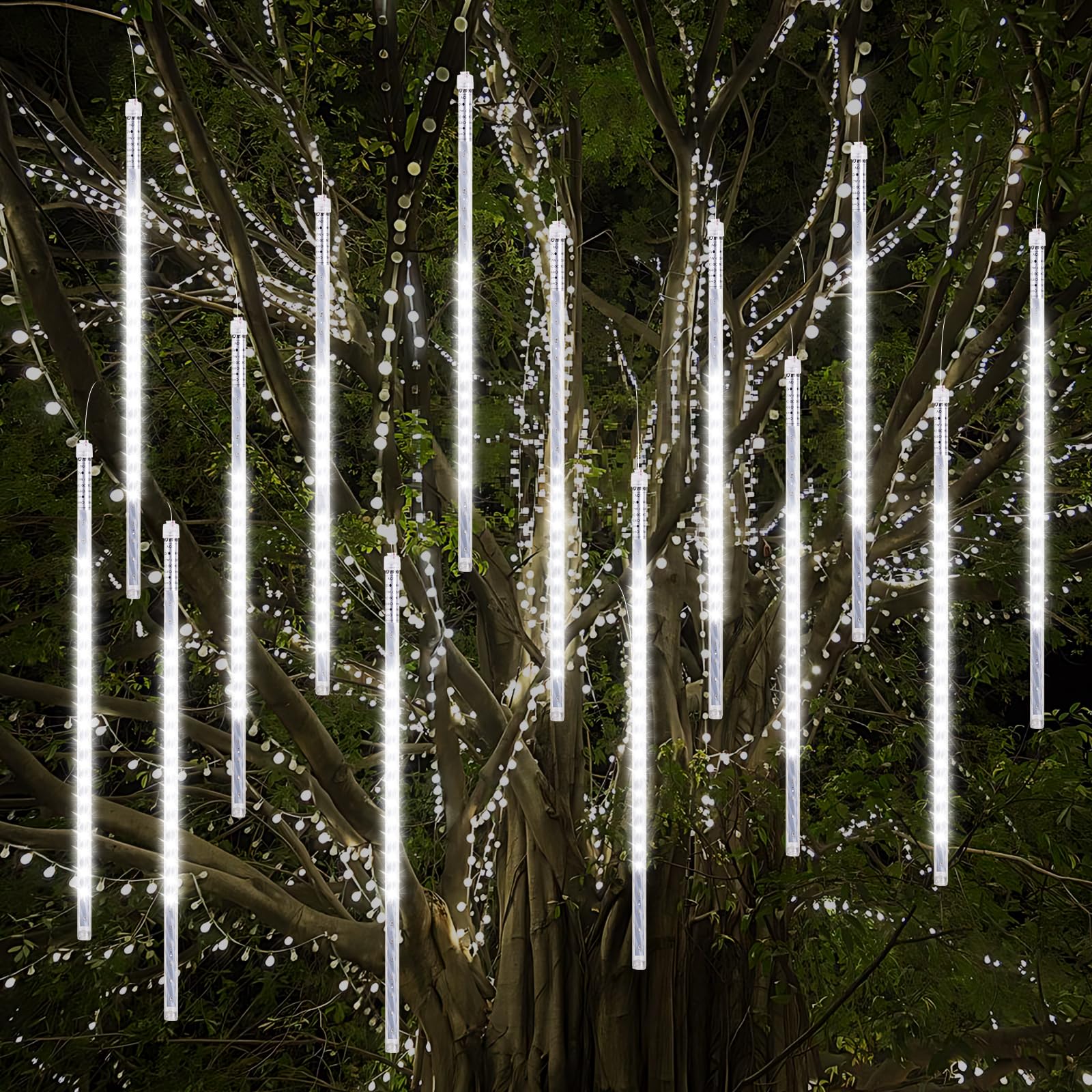 Vikdio Christmas Lights Outdoor, Meteor Shower Lights 16 Spiral Tubes 50cm 864 LEDs 5.25m Lit Length, Waterproof Snowfall Icicle Lights for Outdoor Xmas Decoration Party Tree Window (White)
