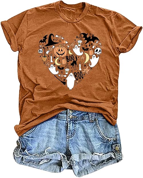 Halloween Shirt for Women Spooky Doodles Tshirt Vintage Boo Graphic Shirt Fall Short Sleeve Ghost Tee Top