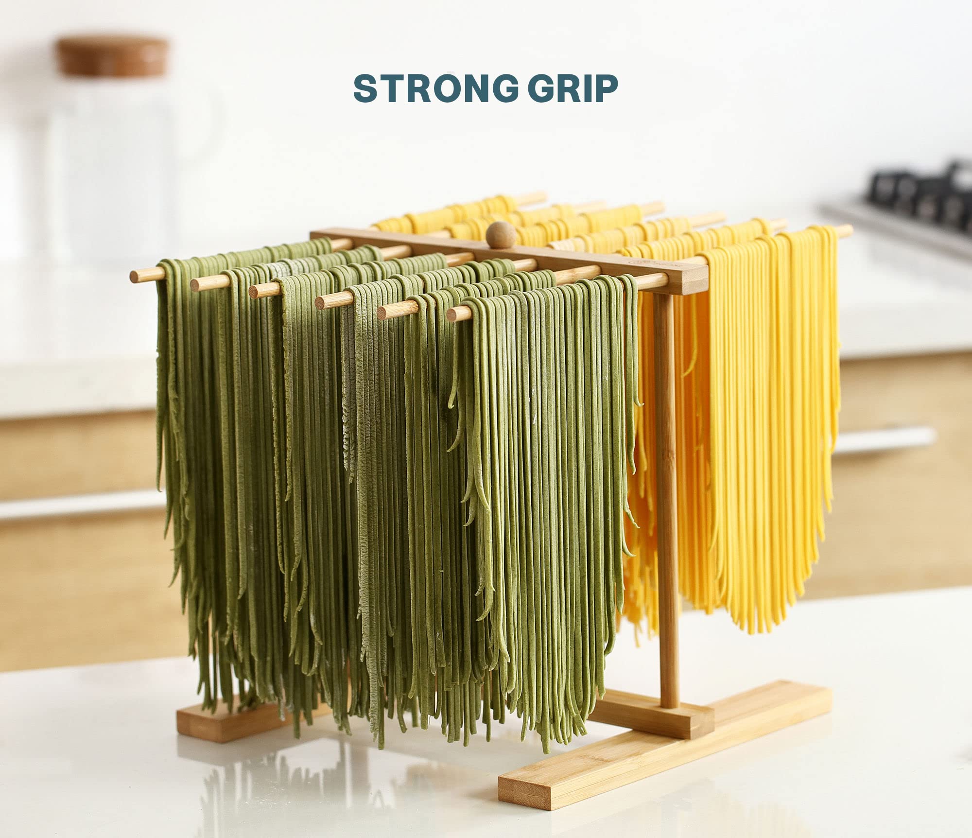 Bamboo Pasta Drying Rack with Transfer Wand and 12 Bars, Easy to Transfer for Drying Pasta and Cooking, Special Suspension Design for Large Storage
