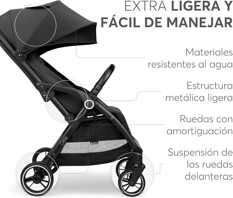KikkaBoo Silla de Paseo Ligera CIELA, Carrito Bebé Compacto hasta 22 kg, Plegado Automático, Reclinable, Superligero, Tamaño Cabina Avión, Negro