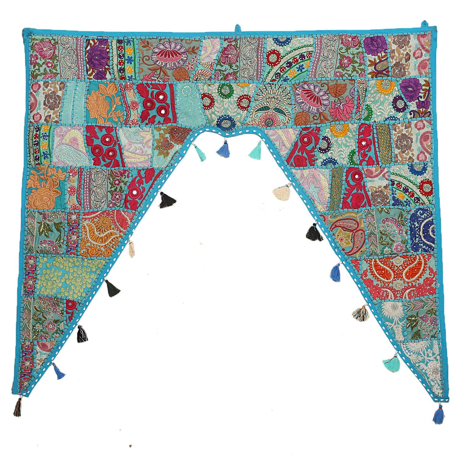 Stylo Culture Decorative Cotton Swag Curtain Large Door Valance Dining Room Turquoise Vintage Embroidered Patchwork Floral Scarf Curtain Topper Bedroom Window Hanging Toran Gate | 45 x 41 Inches