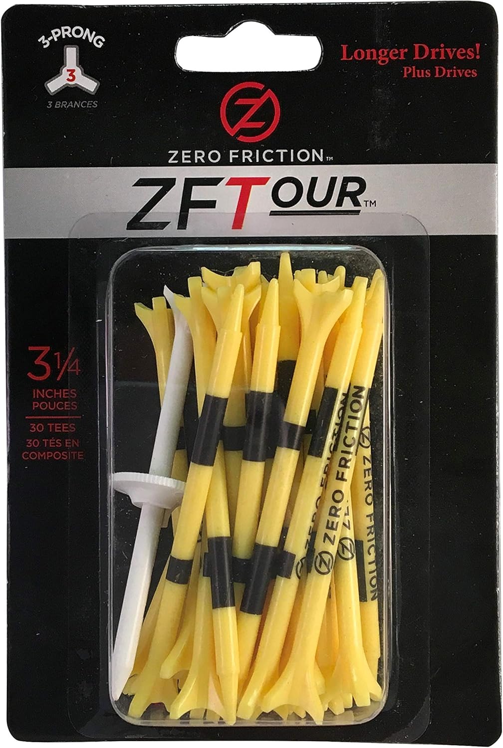Zero Friction Tour 3Prong Golf Tees (31/4 Inch, Yellow, Pack of 30