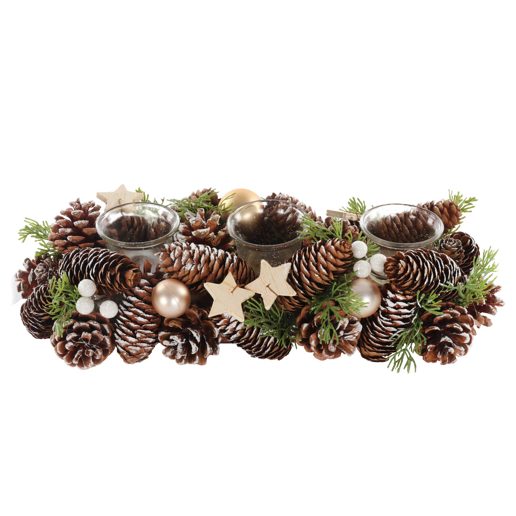 Delux Christmas Table Centrepiece Pine Cone Dressed 3 Glass Jar Candle Holder