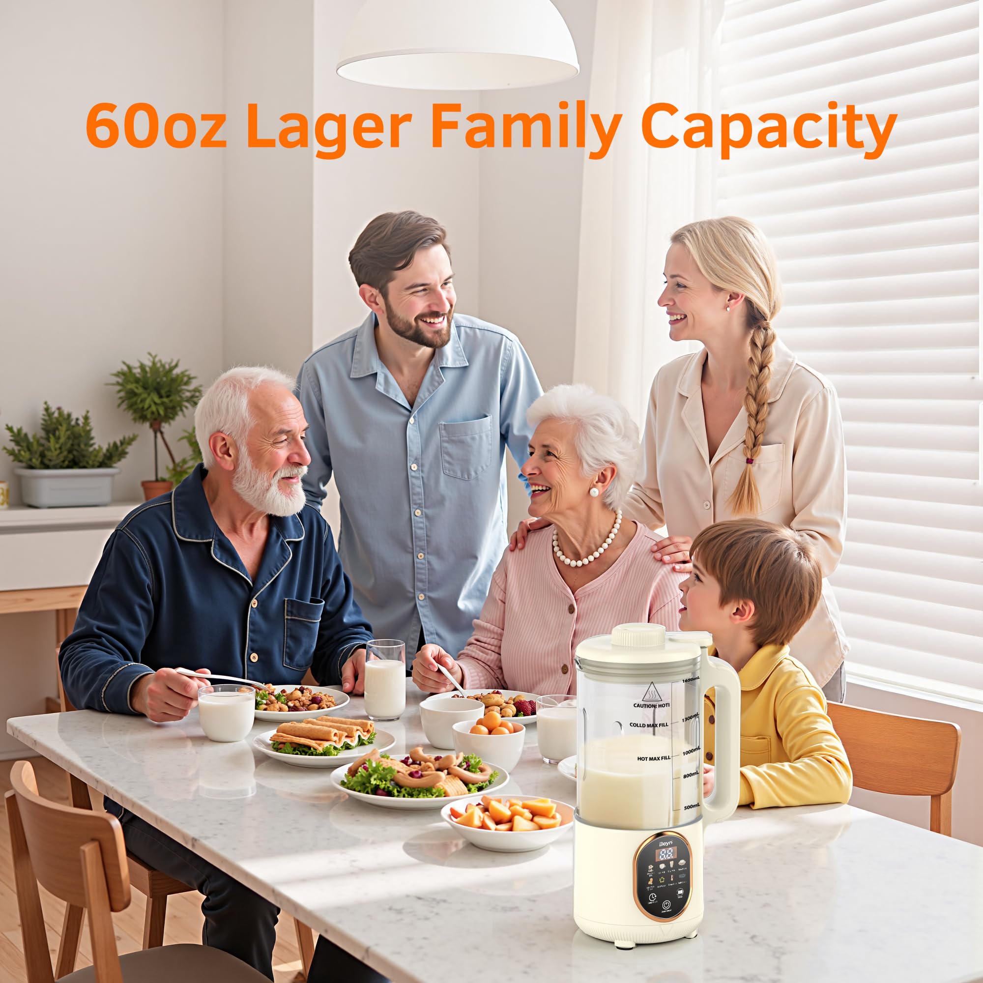 Beyn Máquina para hacer leche de nueces de 60 oz con cuchillas de titanio de 48 hojas, máquina automática para hacer leche a base de plantas 10 en 1 para avena casera, soja, almendras, jugo y más, retención de temperatura, inicio retardado, ebullición y limpieza automática