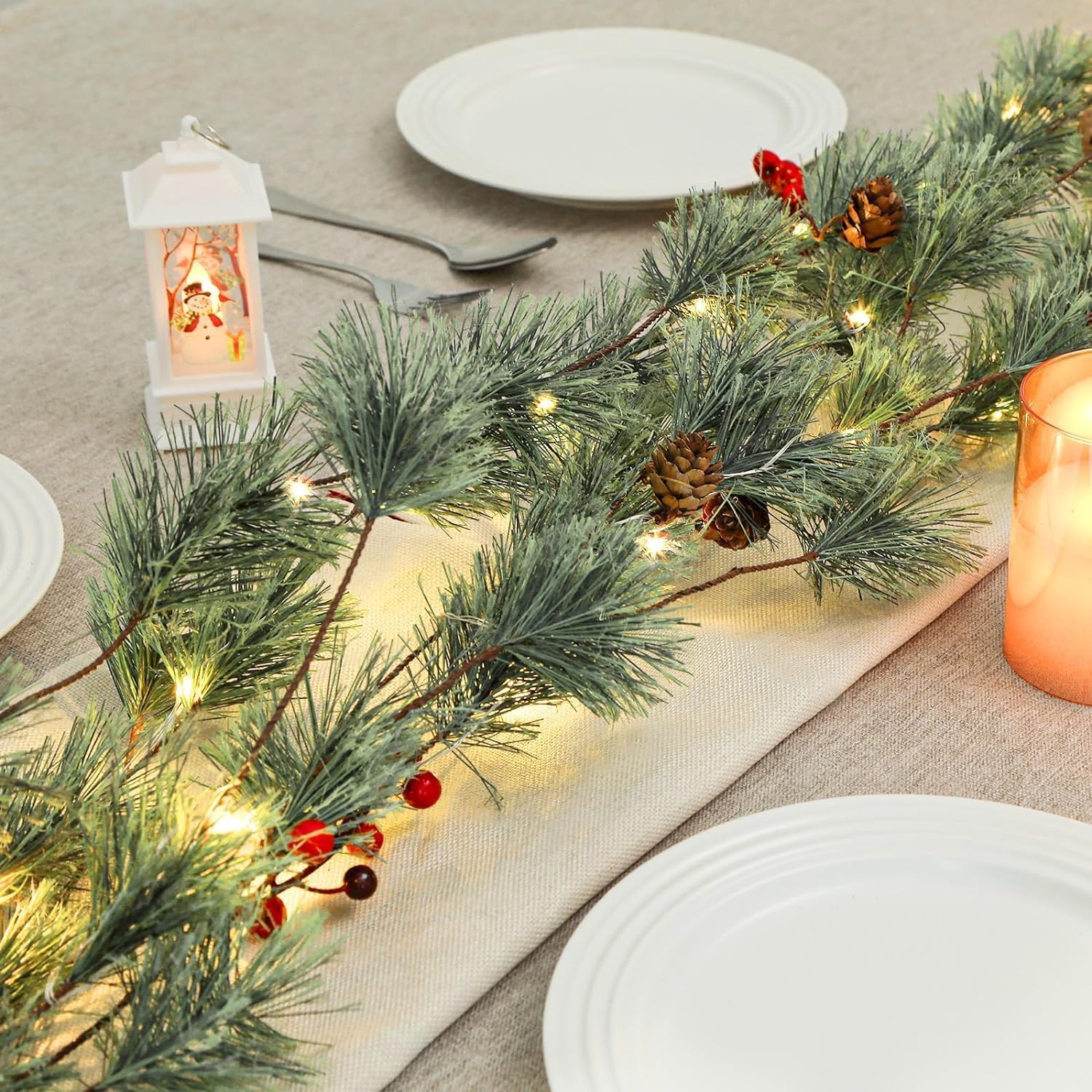 Photo 1 of SHareconn 2 Pcs 6FT Prelit Smokey Christmas Garland with Battery Operated Timer, Multi-Color Lights, Cedar Pine Garland with Cones for Mantle Stairs Fireplace Xmas Indoor Outdoor Decoration, 6 FT